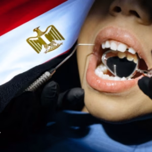 Child with dental aid with Egypt flag in background